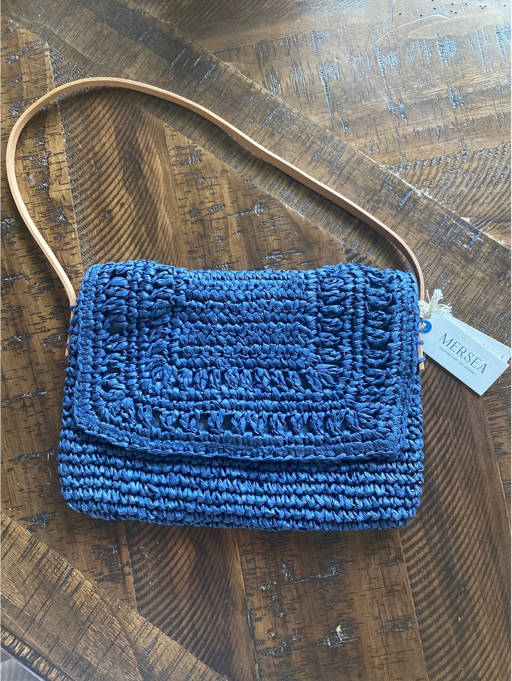 Mersea Sun Chaser 100% Straw Woven Purse Bag Pochette Blue Leather NWT Raffia